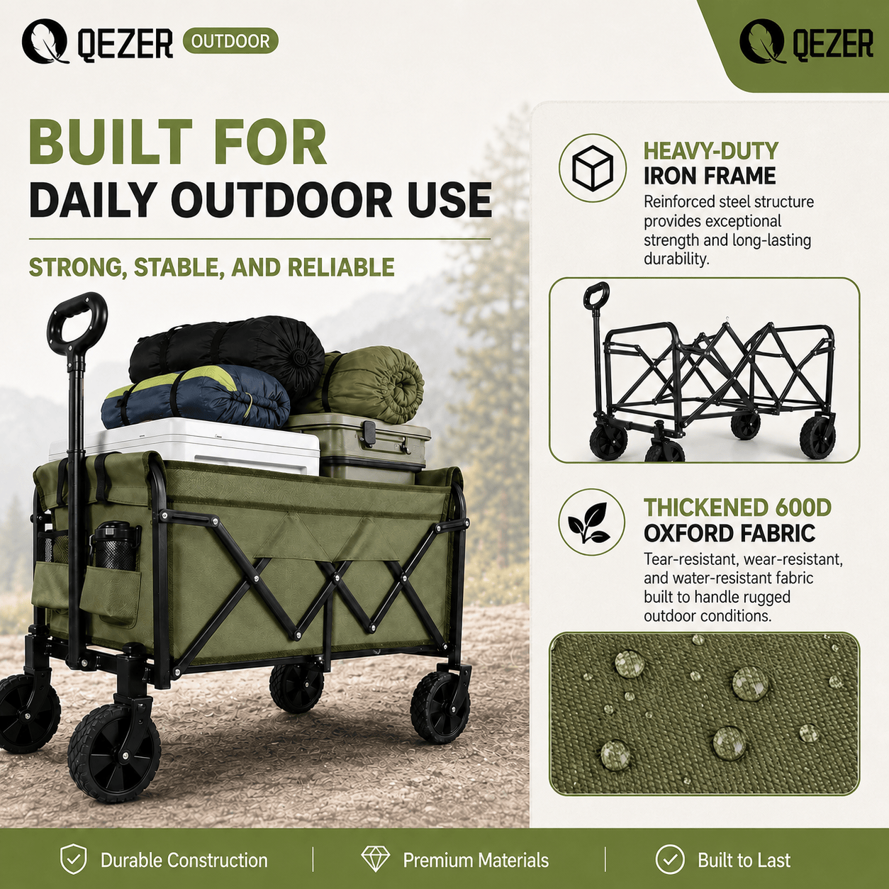 QEZER 120L Collapsible Folding Wagon Cart with All-Terrain Wheels