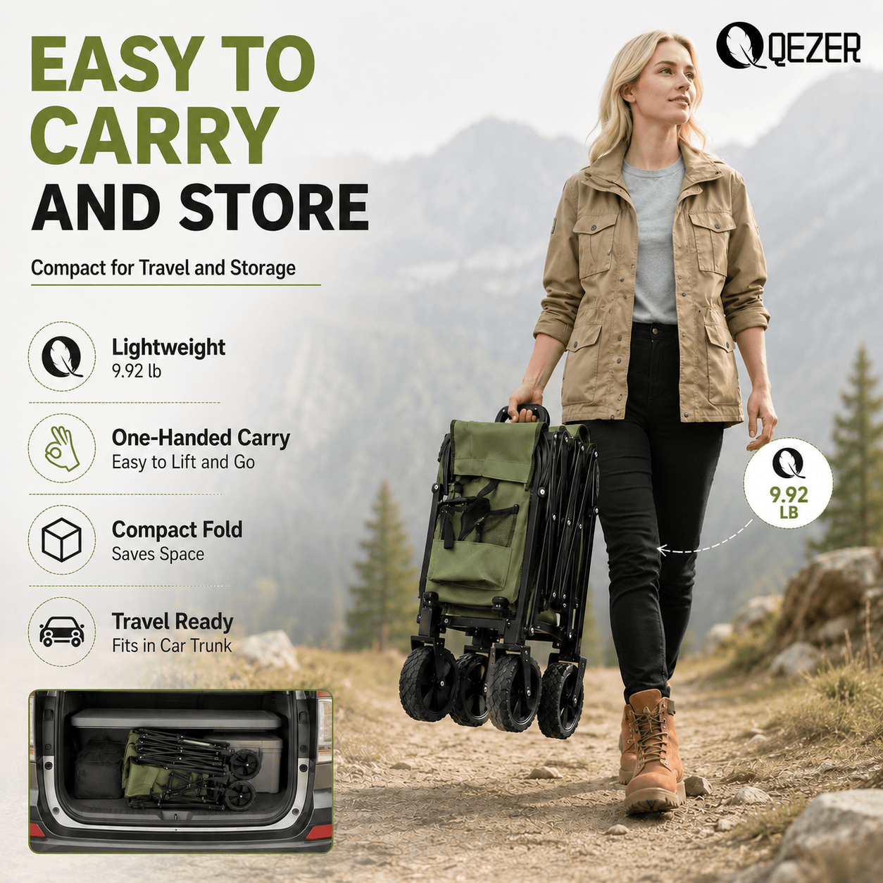 QEZER 120L Collapsible Folding Wagon Cart with All-Terrain Wheels