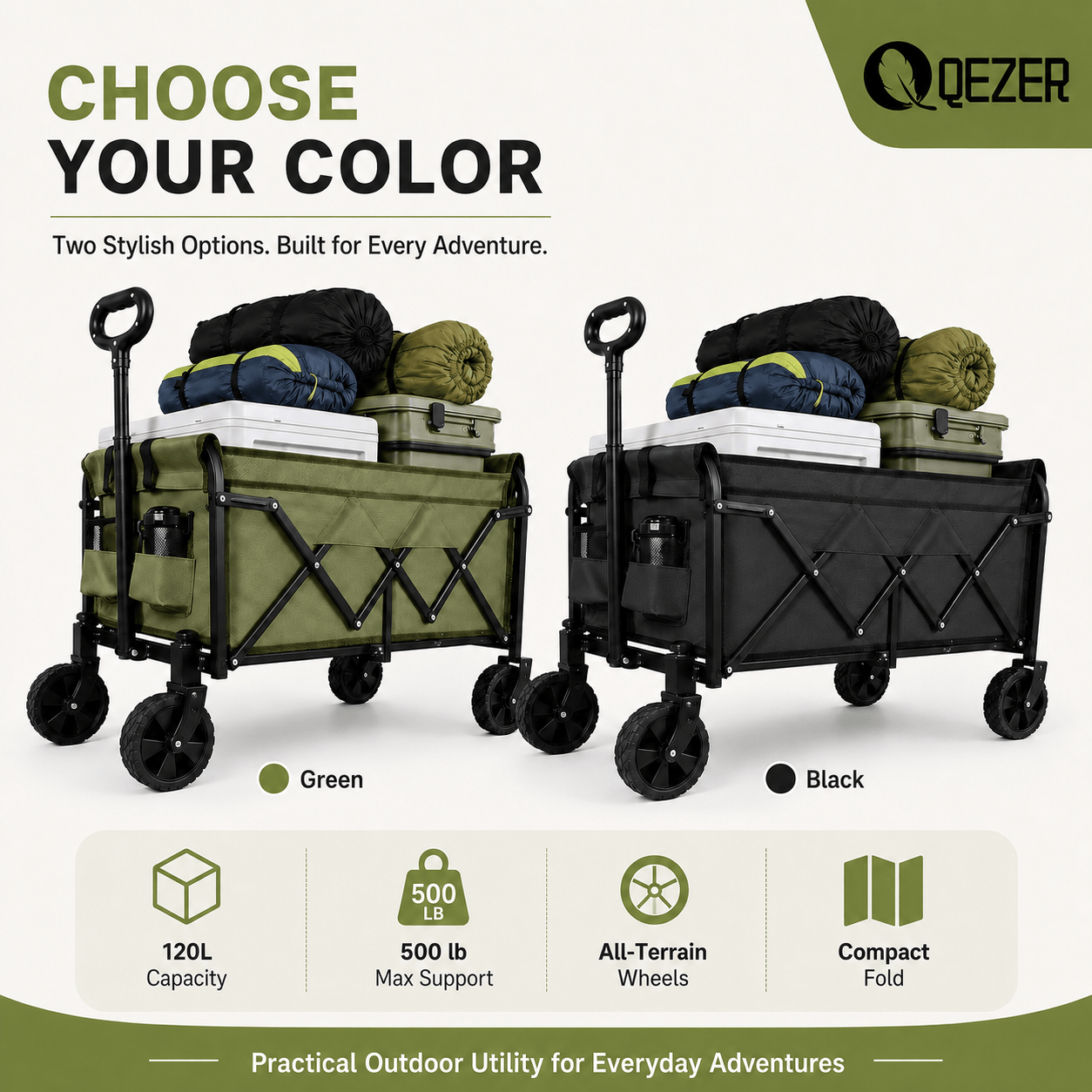 QEZER 120L Collapsible Folding Wagon Cart with All-Terrain Wheels