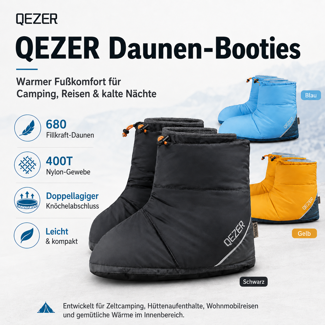 QEZER Daunenstiefel | Warme Camping-Fußwärmer für Herren und Damen