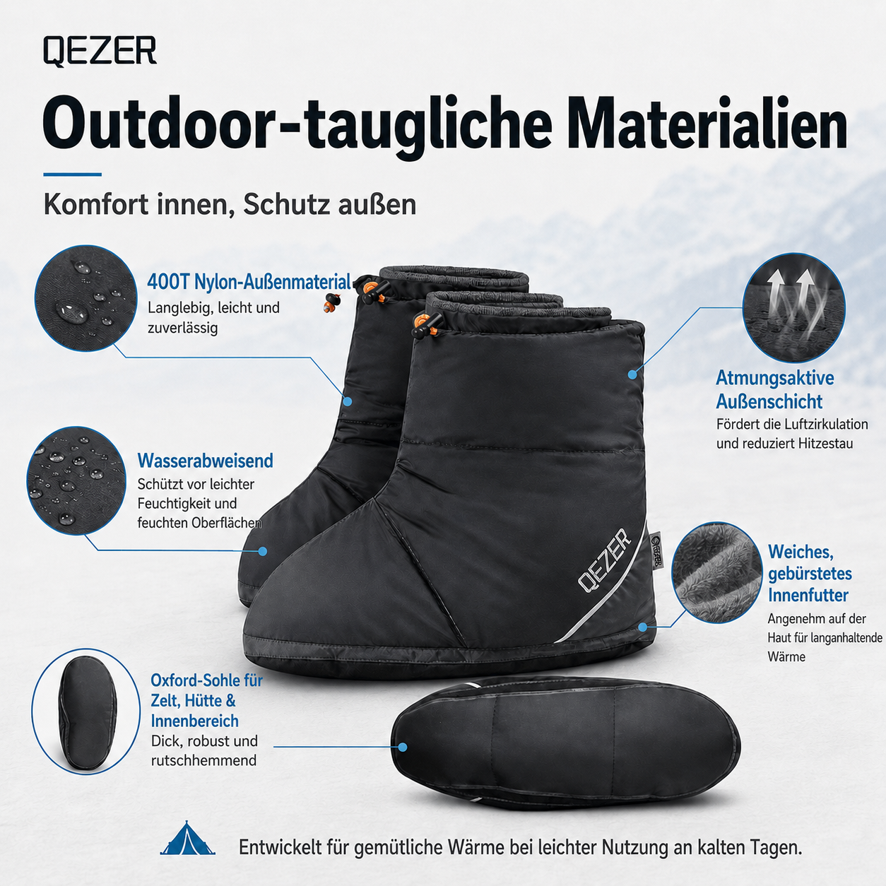 QEZER Daunenstiefel | Warme Camping-Fußwärmer für Herren und Damen