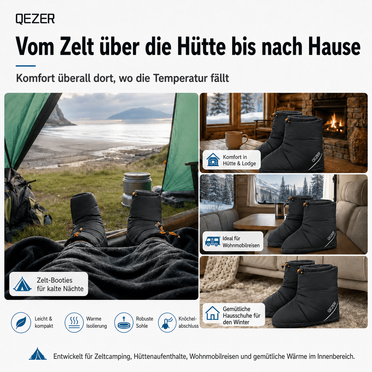 QEZER Daunenstiefel | Warme Camping-Fußwärmer für Herren und Damen