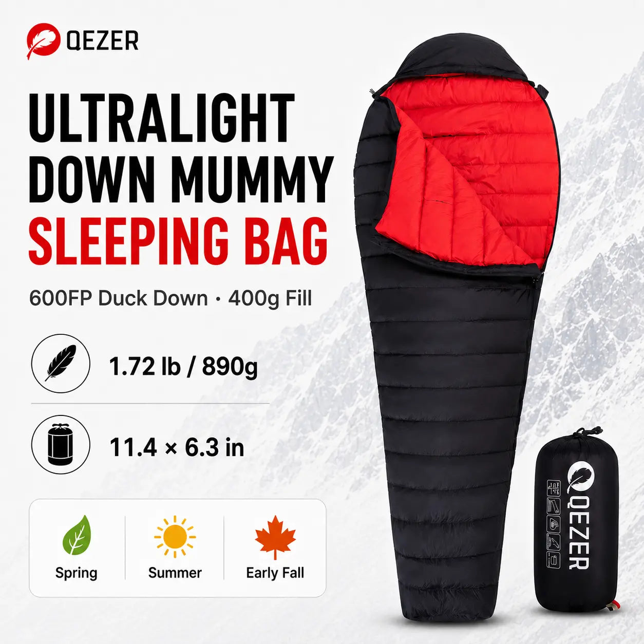 QEZER Ultralight Down Mummy Sleeping Bag | 600FP Duck Down Camping Sleeping Bag
