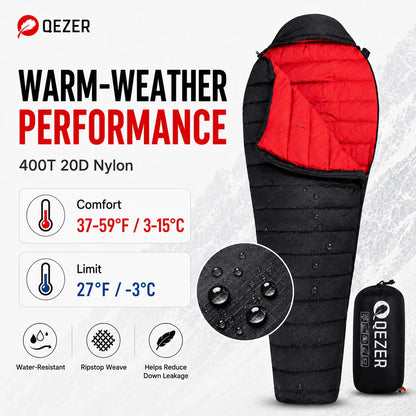QEZER Ultralight Down Mummy Sleeping Bag | 600FP Duck Down Camping Sleeping Bag