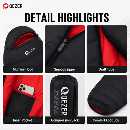 QEZER Ultralight Down Mummy Sleeping Bag | 600FP Duck Down Camping Sleeping Bag