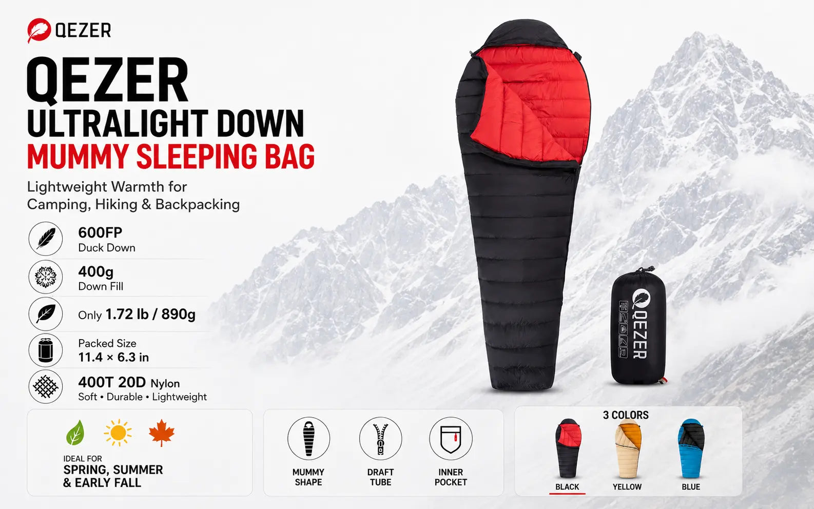 QEZER Ultralight Down Mummy Sleeping Bag | 600FP Duck Down Camping Sleeping Bag