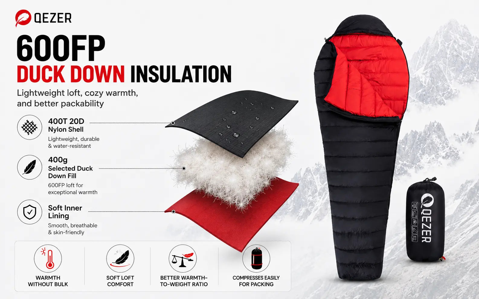 QEZER Ultralight Down Mummy Sleeping Bag | 600FP Duck Down Camping Sleeping Bag
