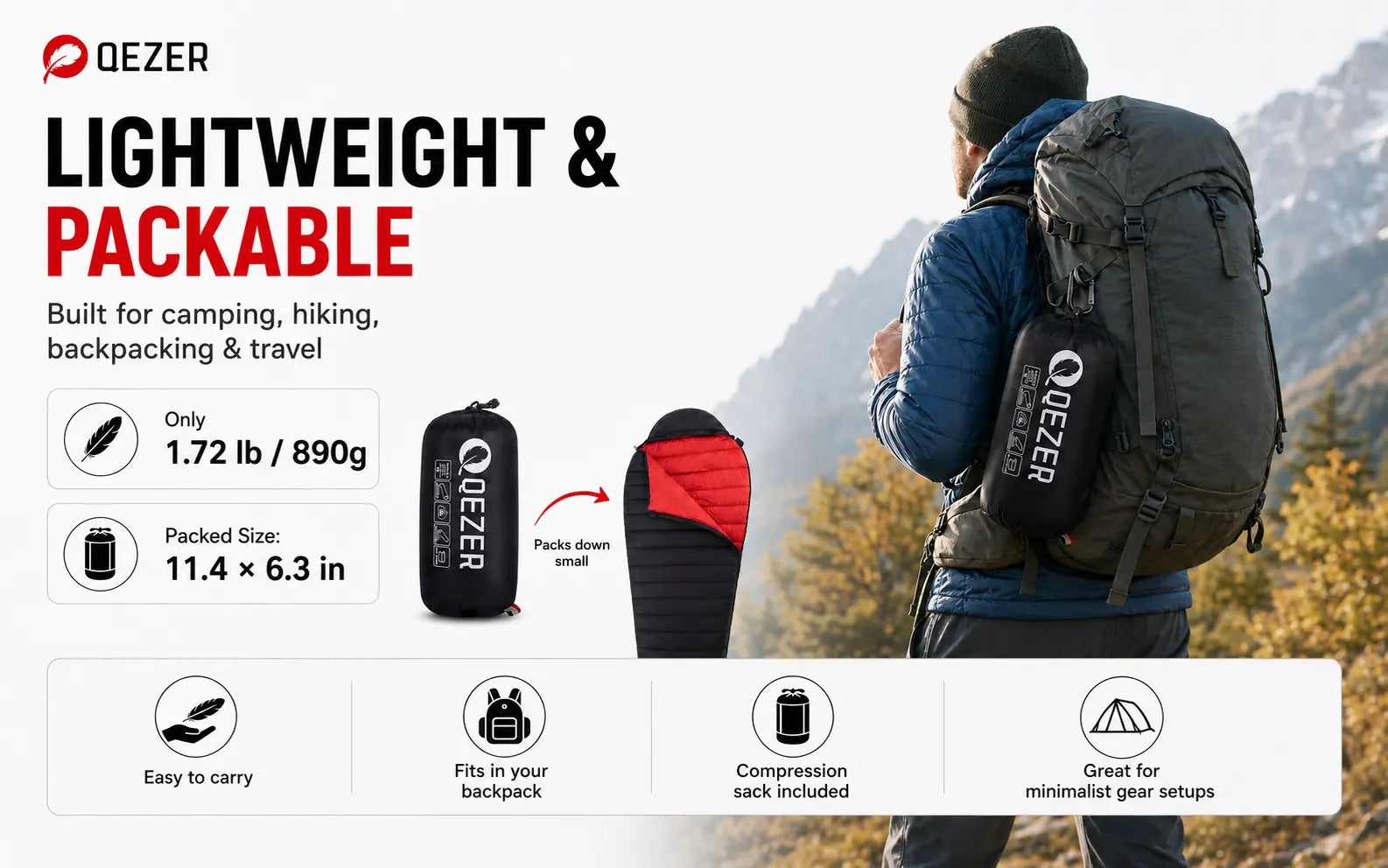 QEZER Ultralight Down Mummy Sleeping Bag | 600FP Duck Down Camping Sleeping Bag