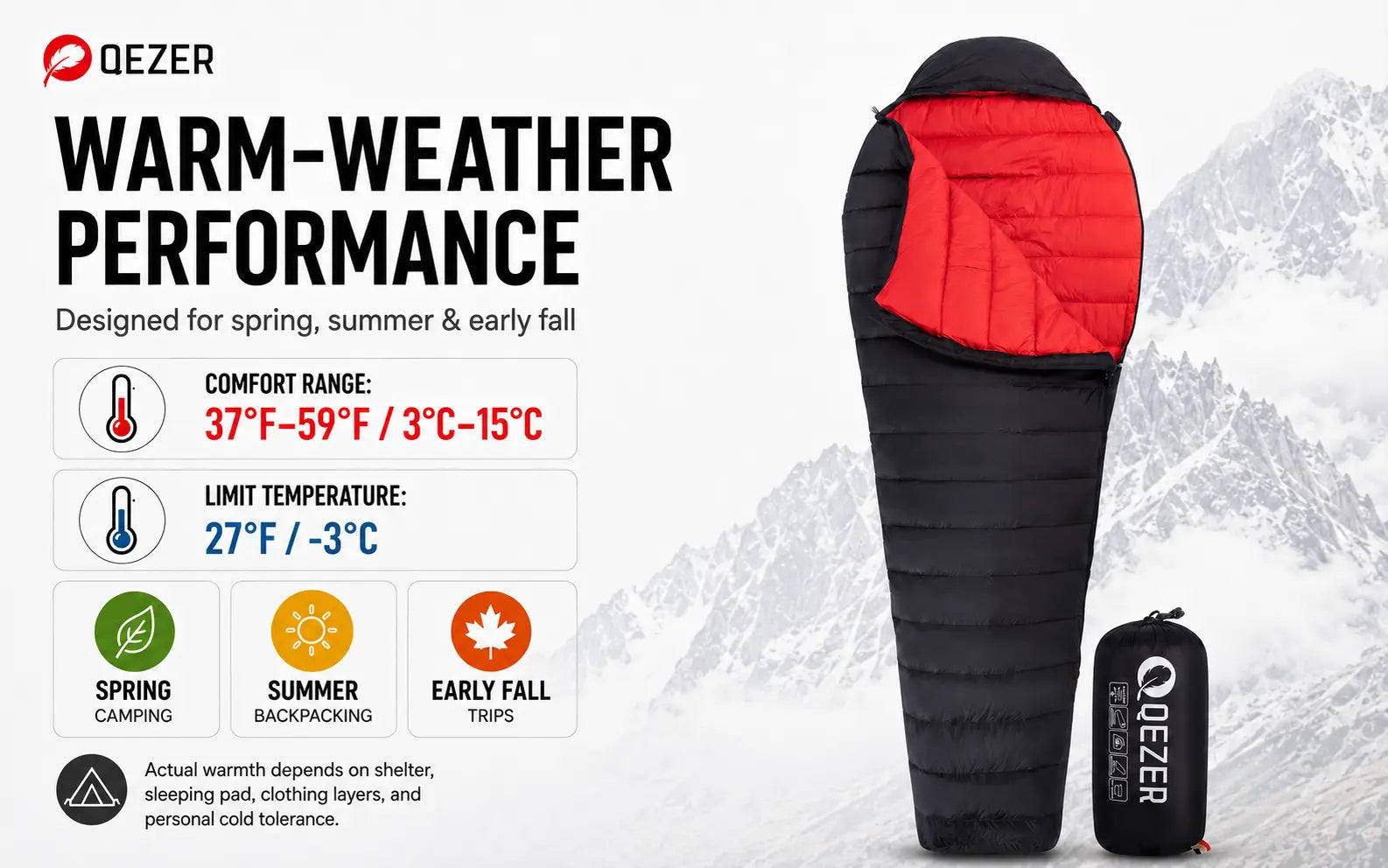 QEZER Ultralight Down Mummy Sleeping Bag | 600FP Duck Down Camping Sleeping Bag