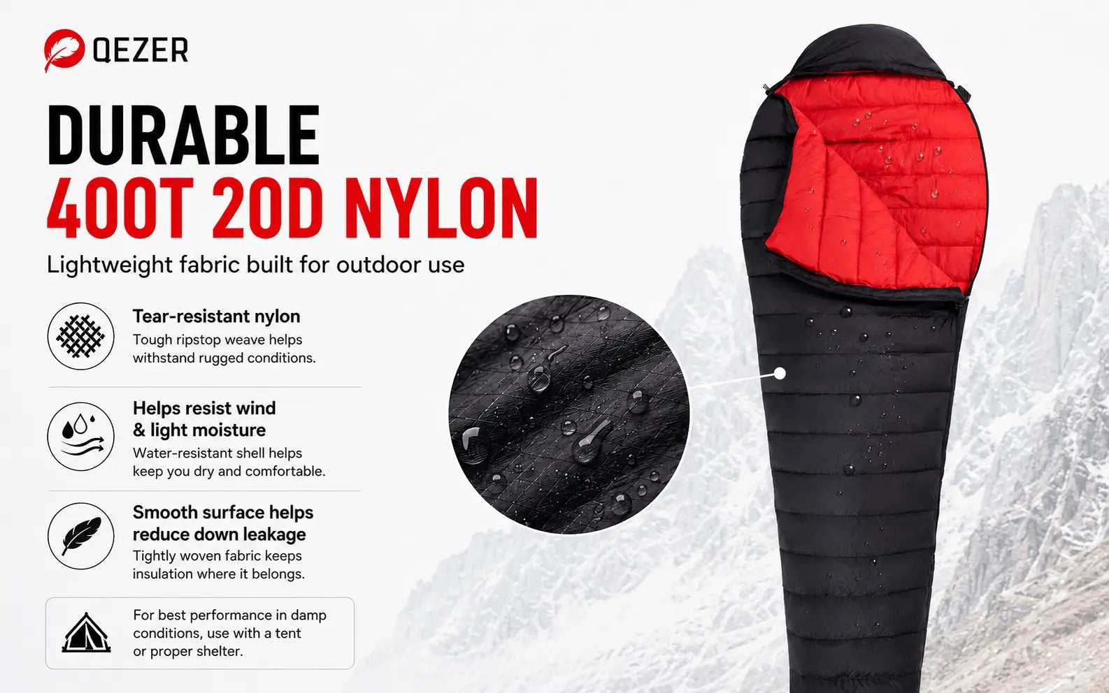 QEZER Ultralight Down Mummy Sleeping Bag | 600FP Duck Down Camping Sleeping Bag