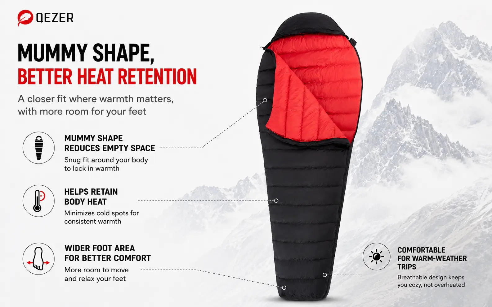 QEZER Ultralight Down Mummy Sleeping Bag | 600FP Duck Down Camping Sleeping Bag
