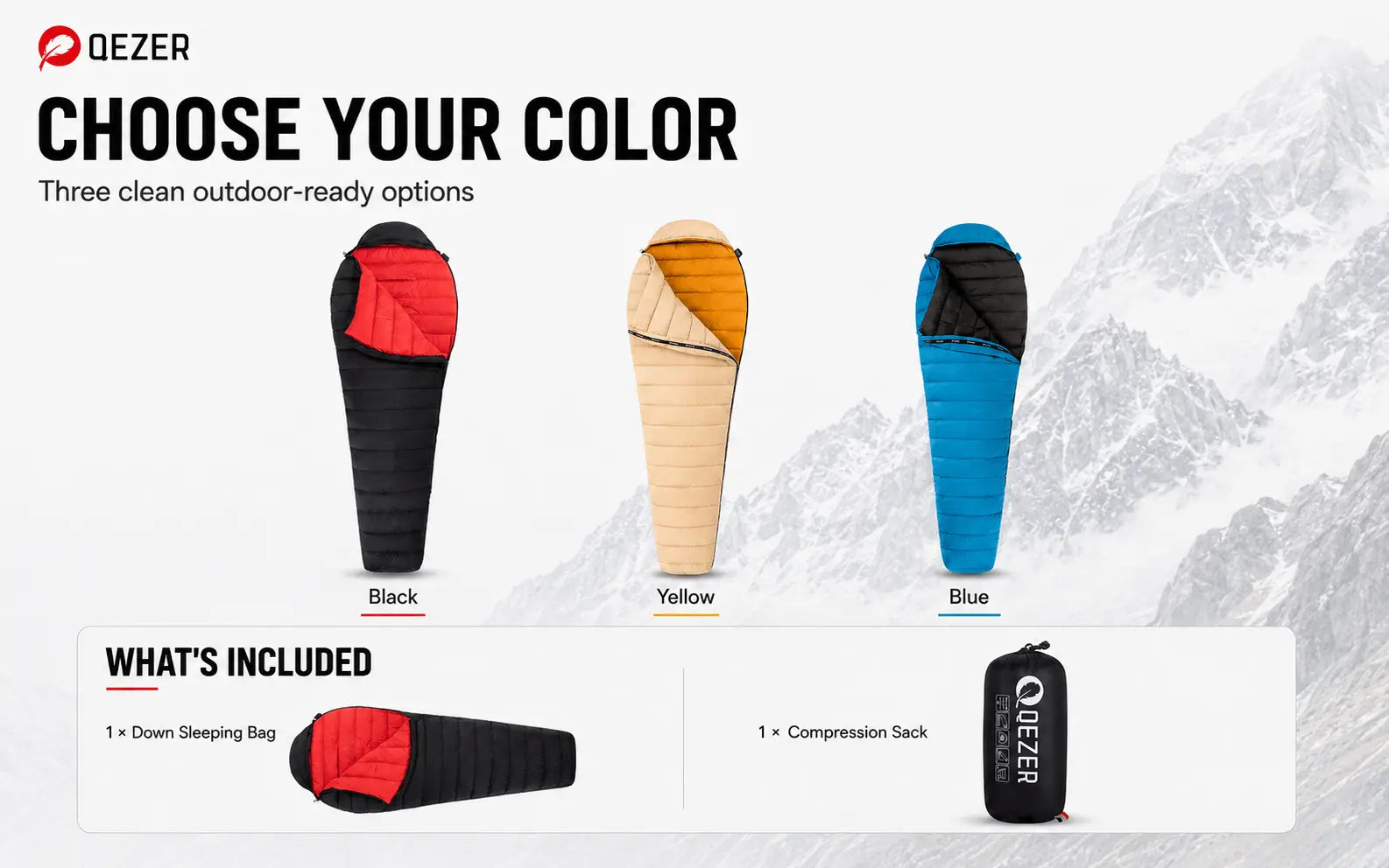 QEZER Ultralight Down Mummy Sleeping Bag | 600FP Duck Down Camping Sleeping Bag