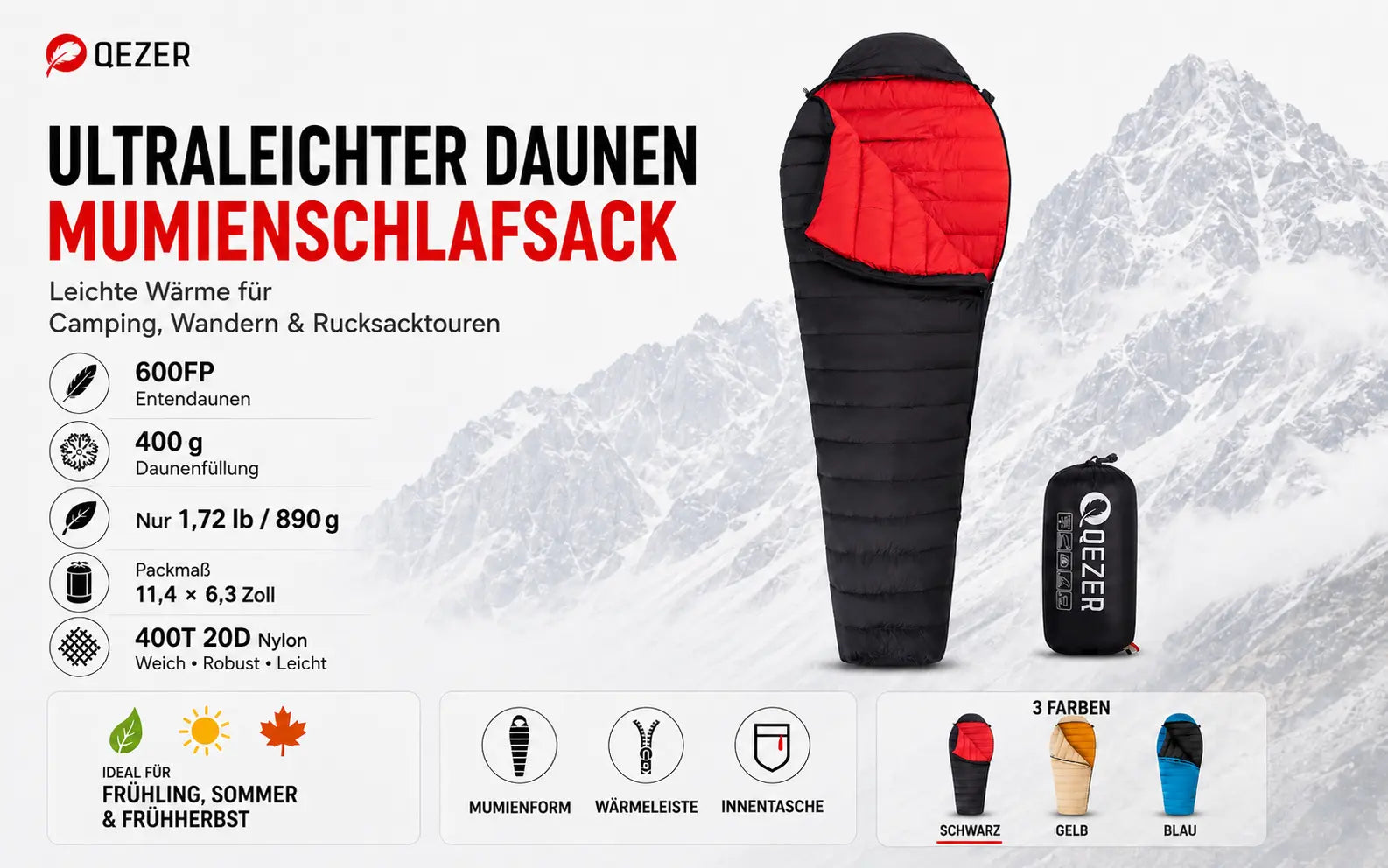 QEZER Down-Mumienschlafsack 15°C für Sommercamping