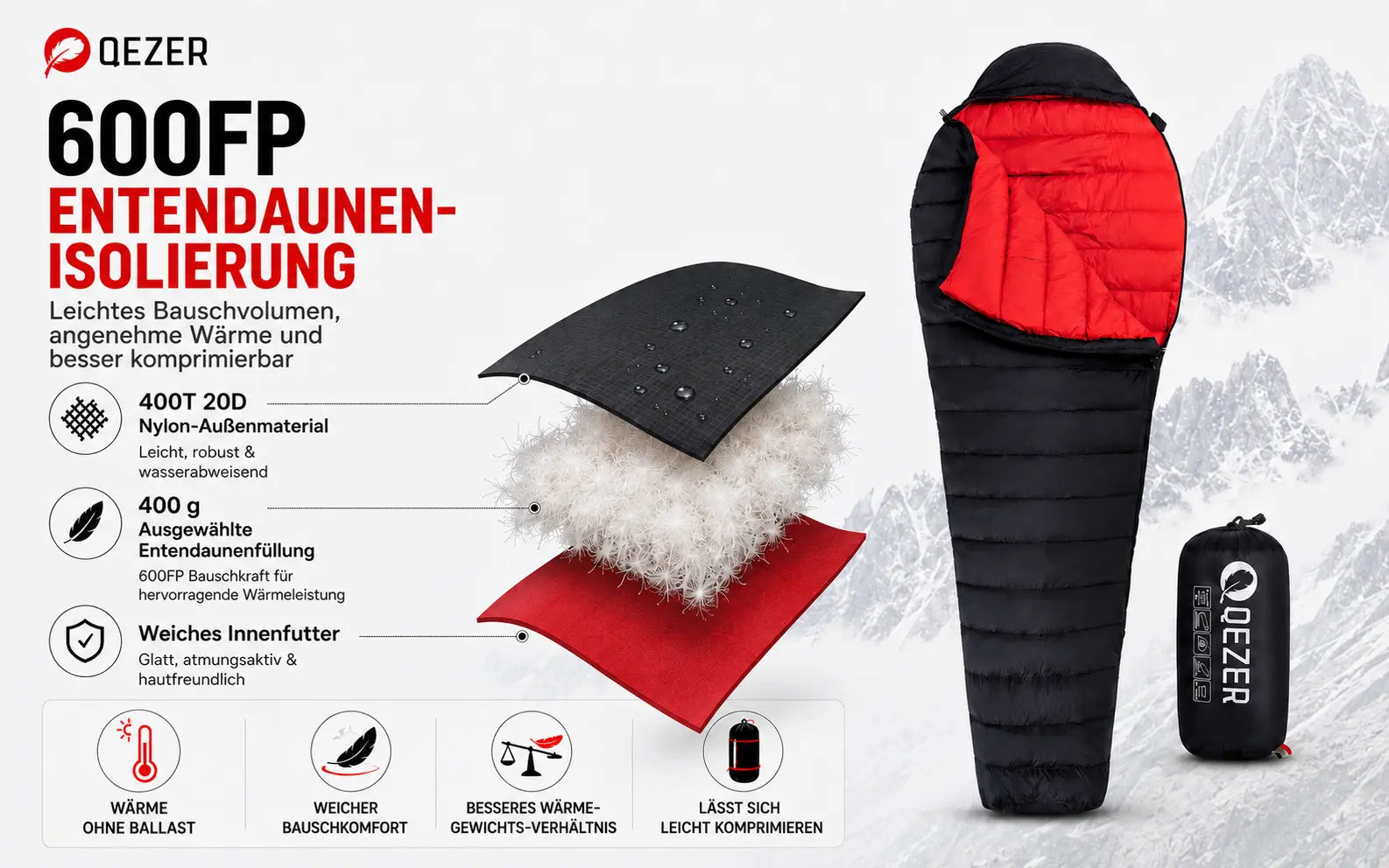QEZER Down-Mumienschlafsack 15°C für Sommercamping