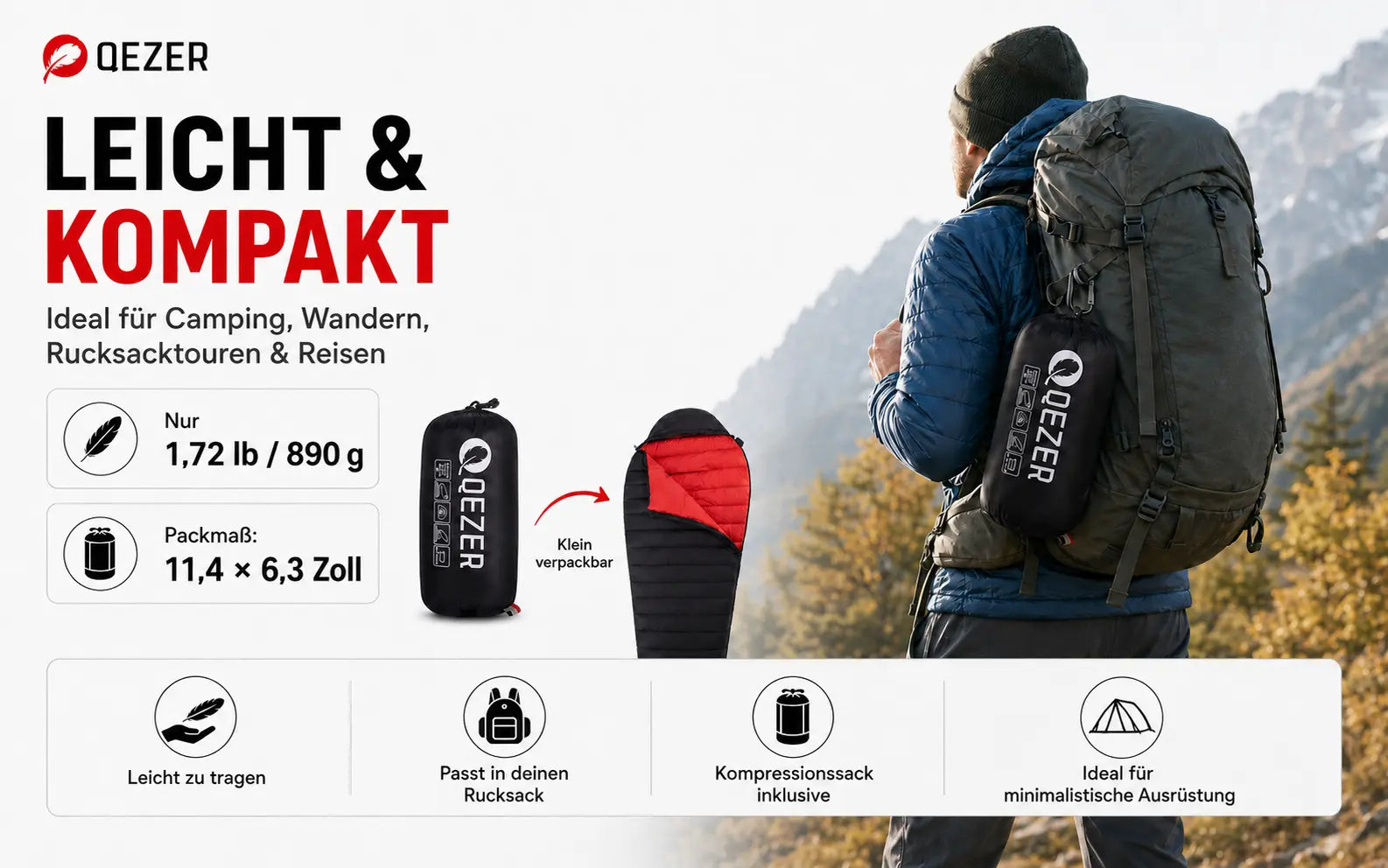 QEZER Down-Mumienschlafsack 15°C für Sommercamping