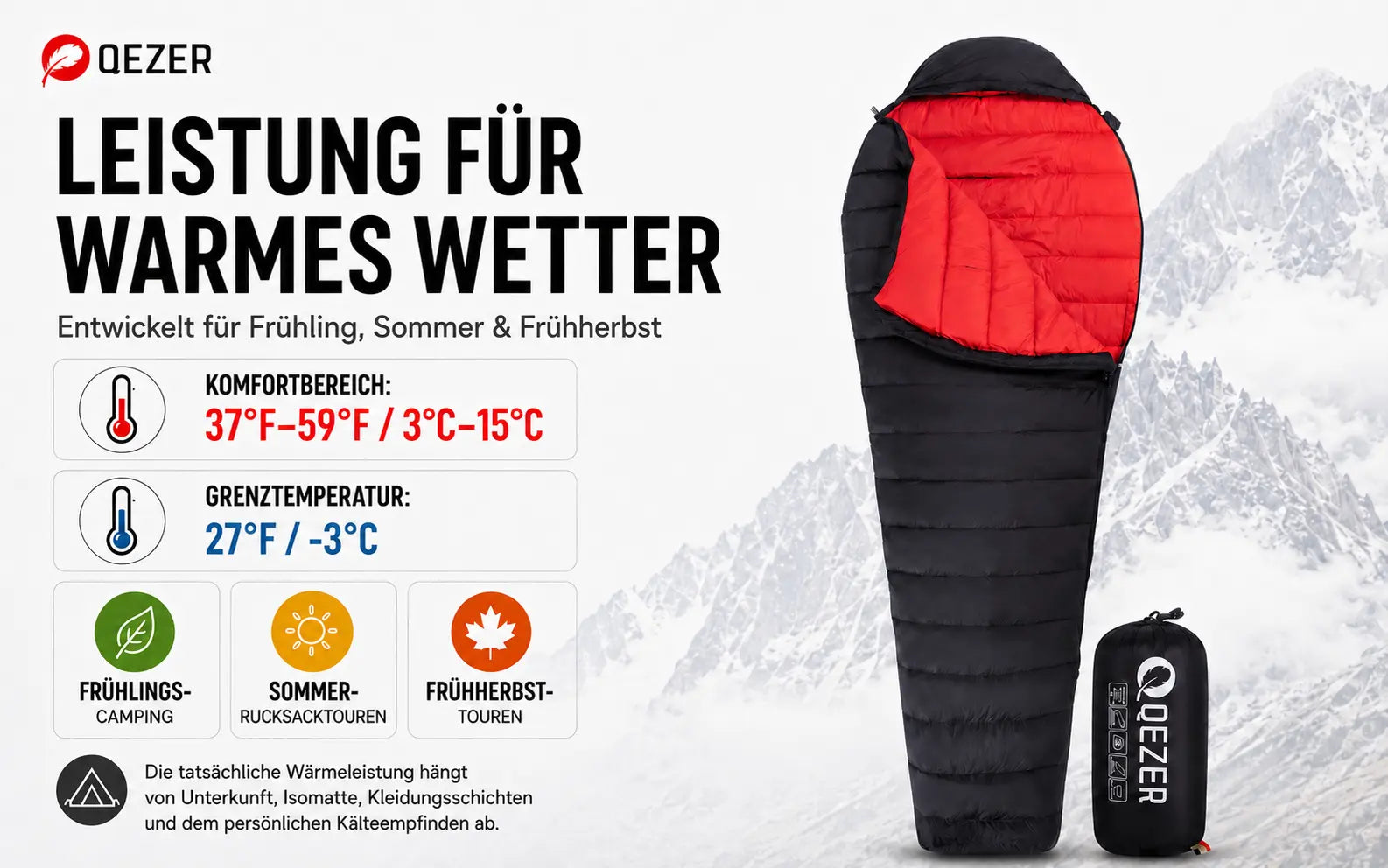 QEZER Down-Mumienschlafsack 15°C für Sommercamping