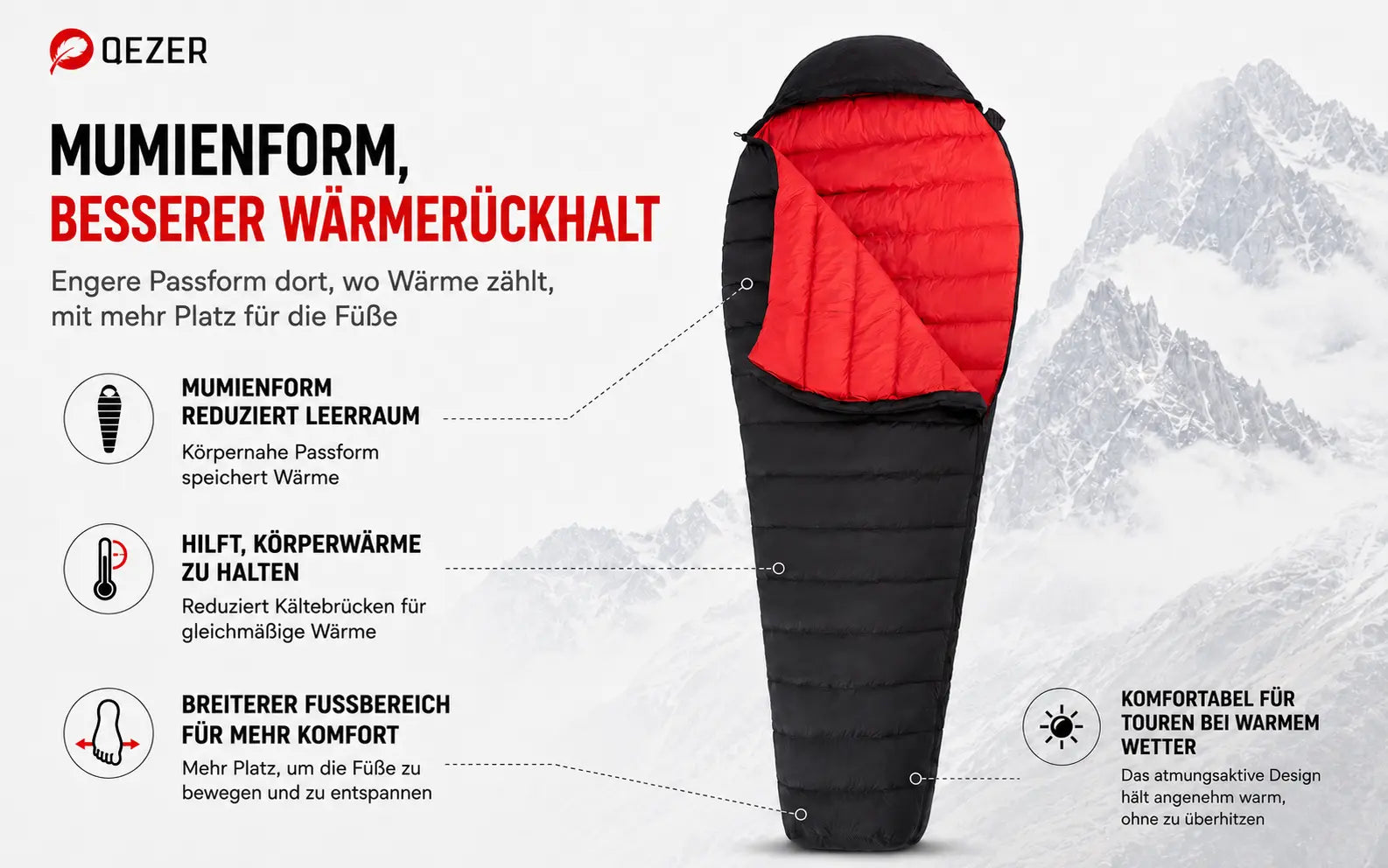 QEZER Down-Mumienschlafsack 15°C für Sommercamping