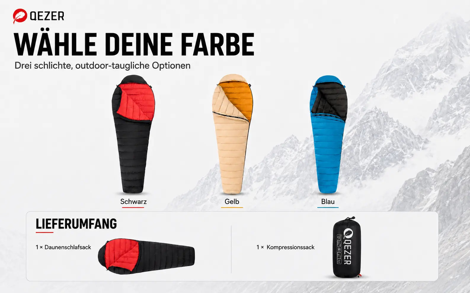 QEZER Down-Mumienschlafsack 15°C für Sommercamping