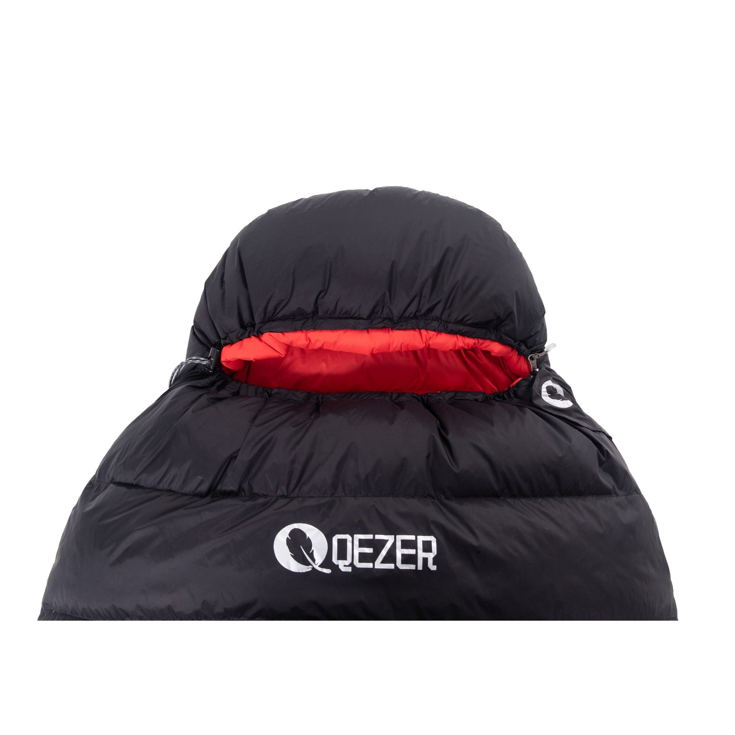 Close-up of the insulated hood on a QEZER black winter mummy sleeping bag