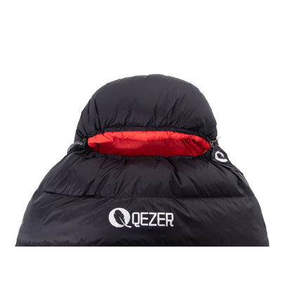 Close-up of the insulated hood on a QEZER black winter mummy sleeping bag