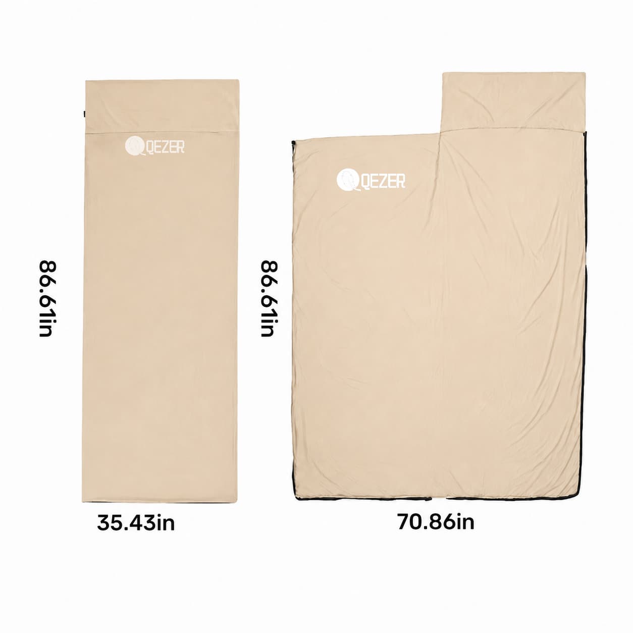 Dimensions of QEZER khaki sleeping bag liner in zipped and fully opened configurations