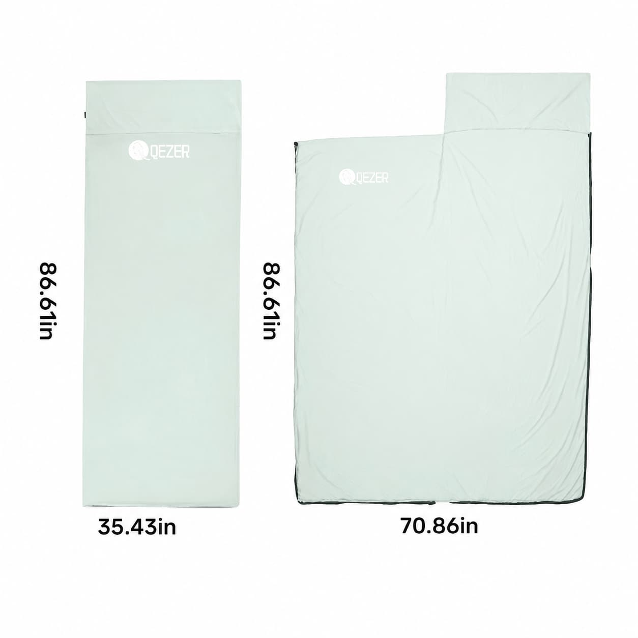Dimensions of QEZER milky green sleeping bag liner in zipped and fully opened layouts