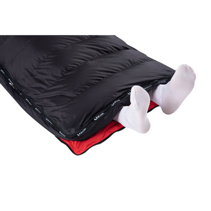 Open foot vent on a QEZER rectangular sleeping bag with feet extending outside