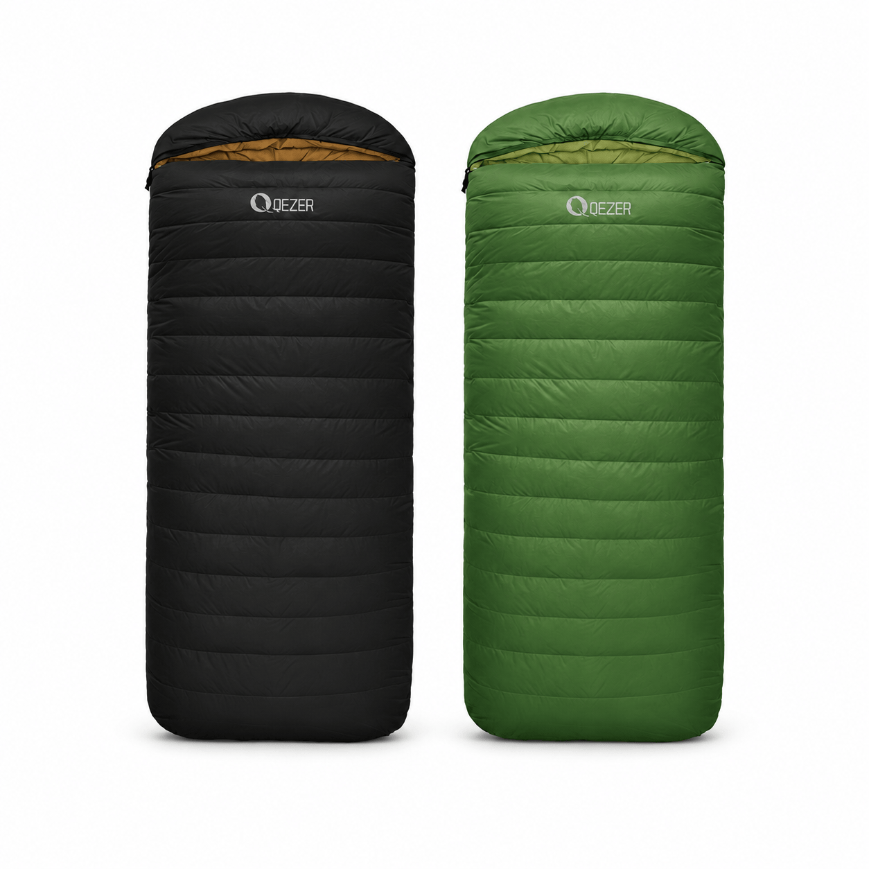 QEZER XL oversized down sleeping bags in black and green