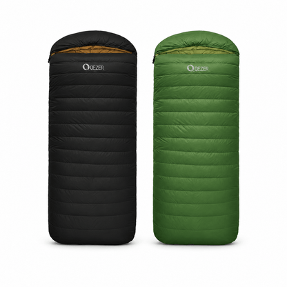 QEZER XL oversized down sleeping bags in black and green
