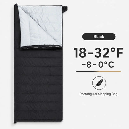 QEZER black 2-in-1 rectangular down sleeping bag with 18–32°F temperature range