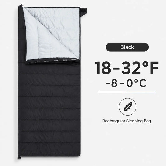QEZER black 2-in-1 rectangular down sleeping bag with 18–32°F temperature range