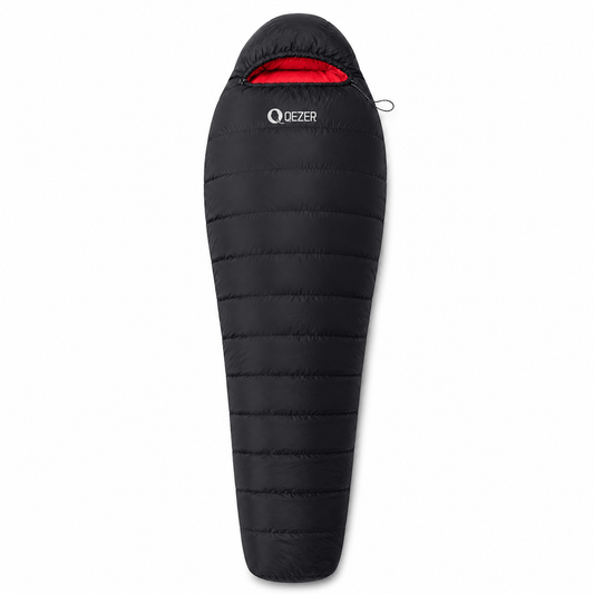 QEZER black 600FP winter mummy down sleeping bag front view