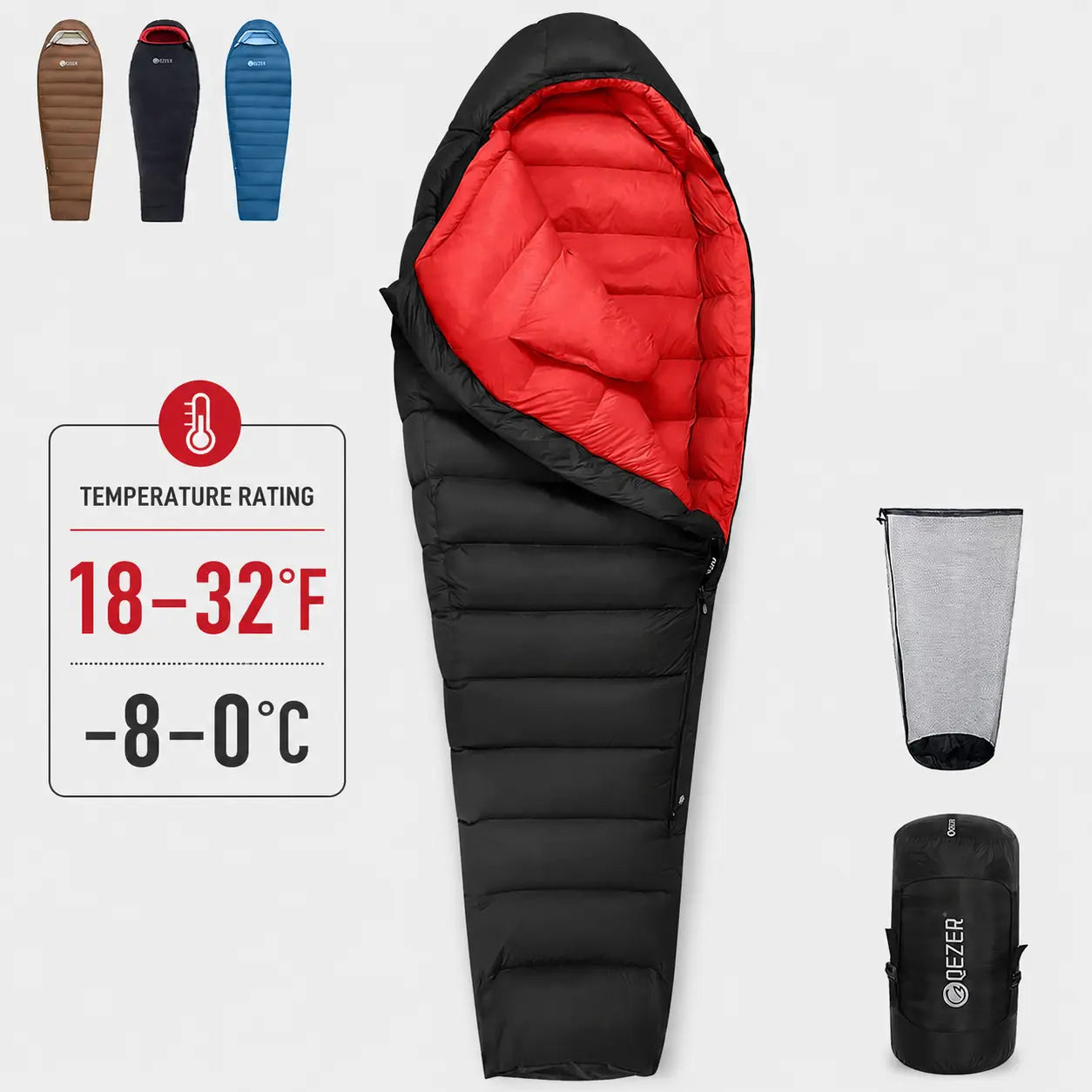 QEZER black M1000 winter mummy down sleeping bag rated 18–32°F