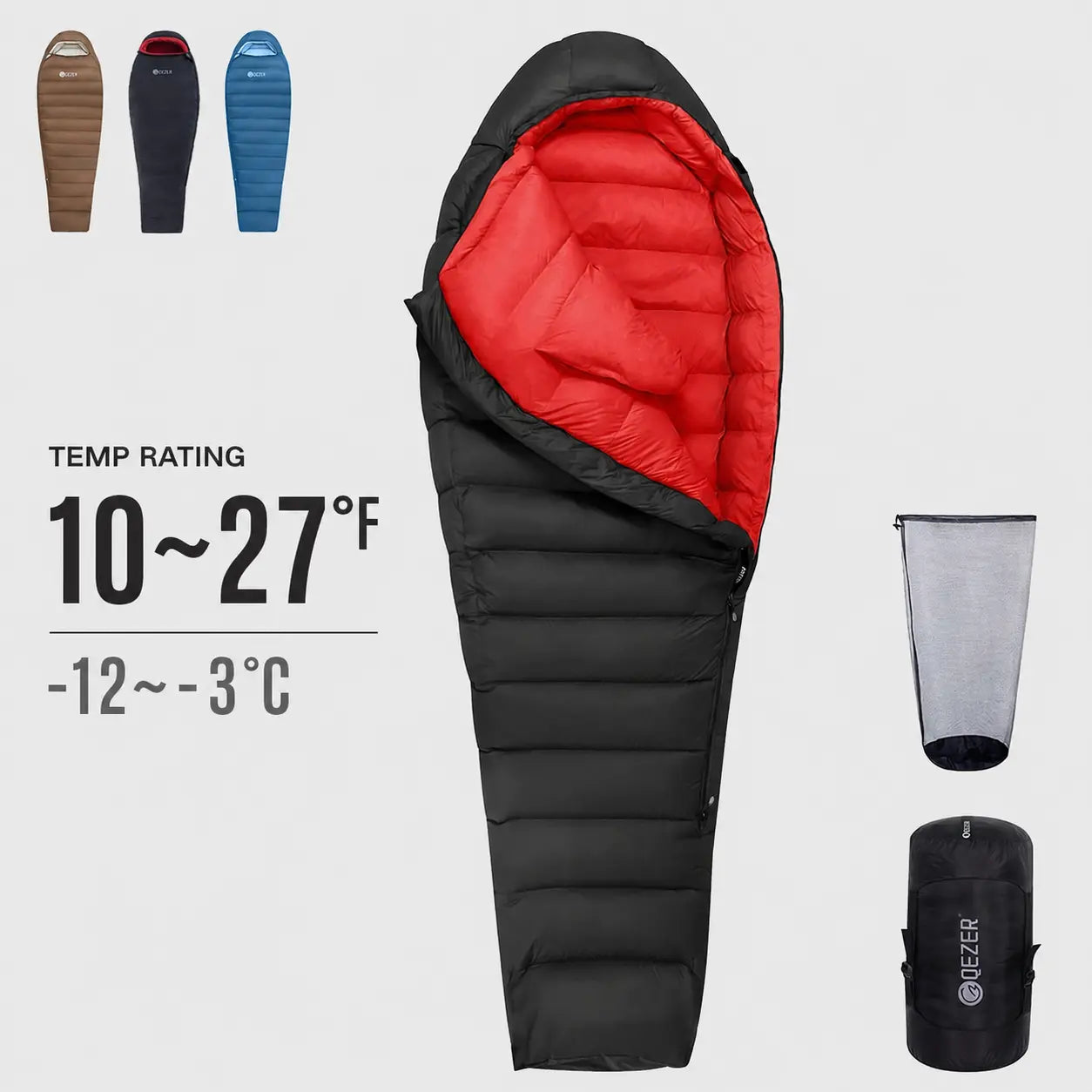 QEZER black M1200 winter mummy down sleeping bag rated 10–27°F with