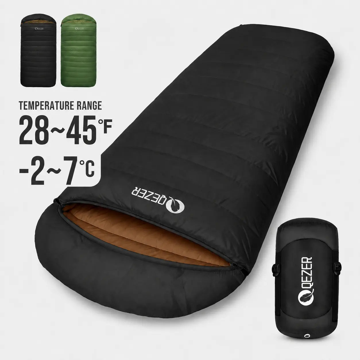QEZER black XL down sleeping bag with 800g fill and 28–45°F temperature range