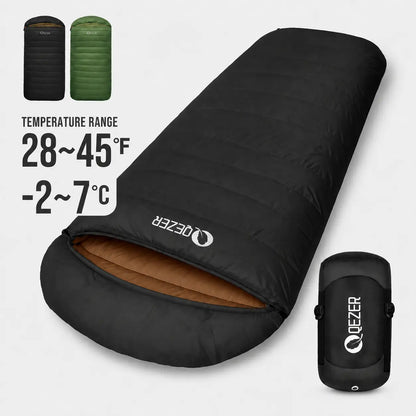 QEZER black XL down sleeping bag with 800g fill and 28–45°F temperature range