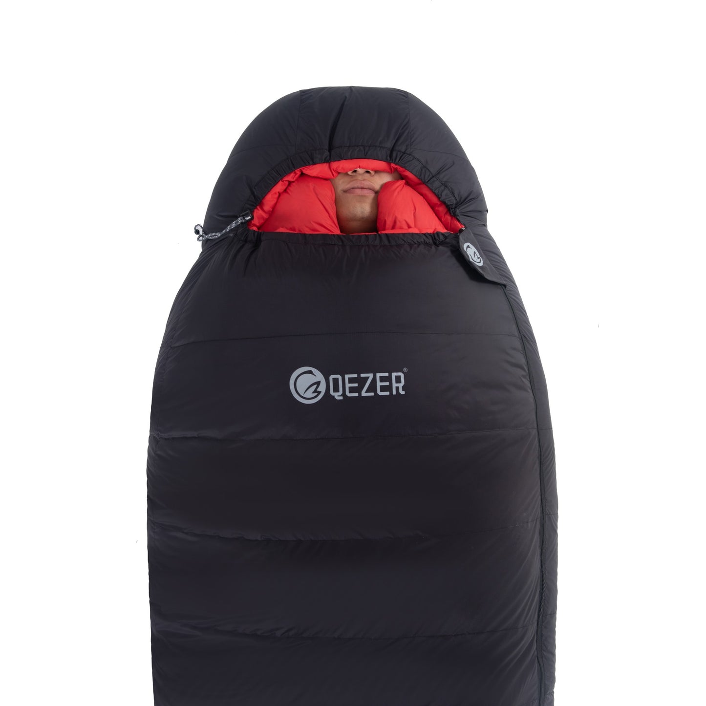 QEZER black and red 650FP mummy down sleeping bag front view