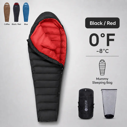 QEZER black and red 650FP mummy down sleeping bag rated to 0°F