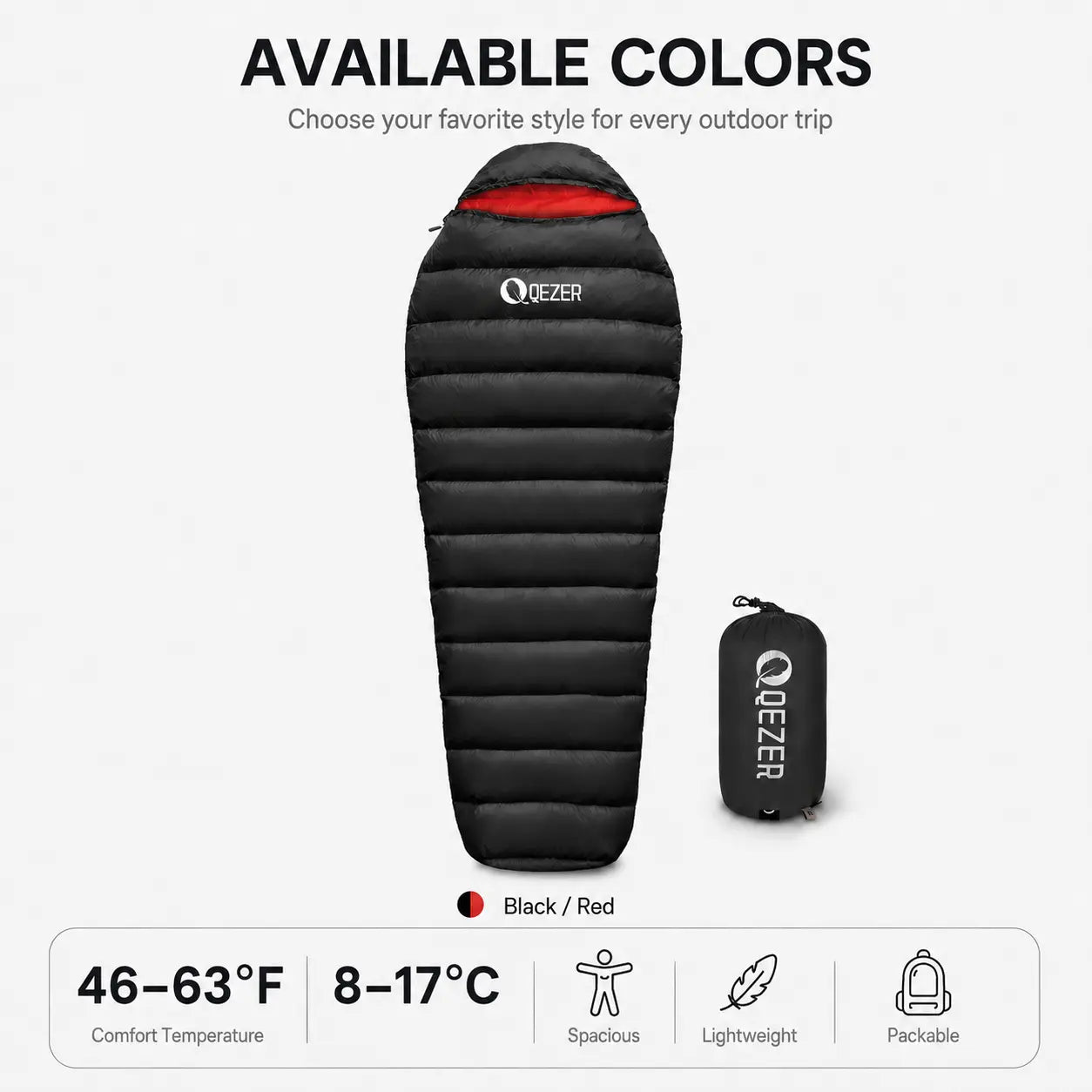 QEZER black and red mummy down sleeping bag with 46–63°F comfort range