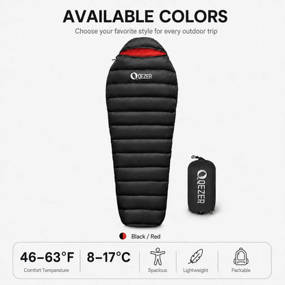 QEZER black and red mummy down sleeping bag with 46–63°F comfort range