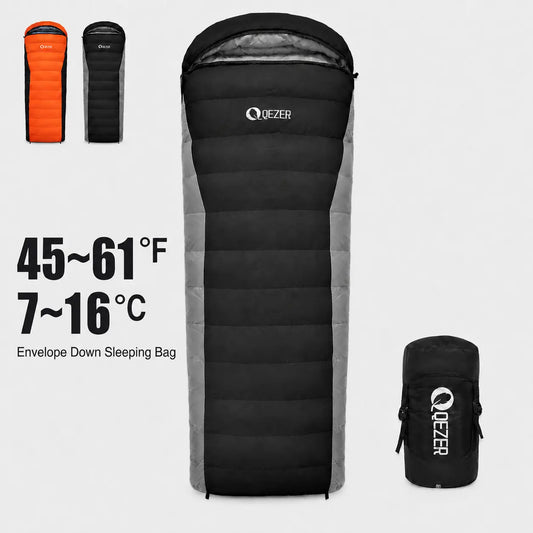 QEZER black mix-color rectangular down sleeping bag with 300g filling and 45–61°F temperature range