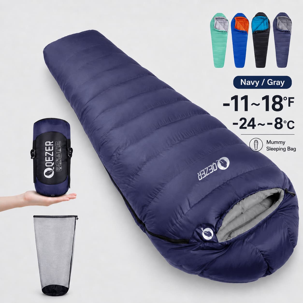 QEZER black mummy down sleeping bag rated -11–18°F with cyan lining