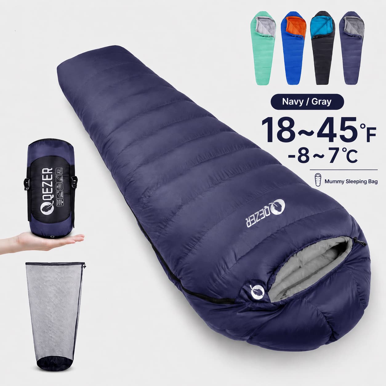 QEZER 600FP Mummy Down Sleeping Bag for Outdoor Camping