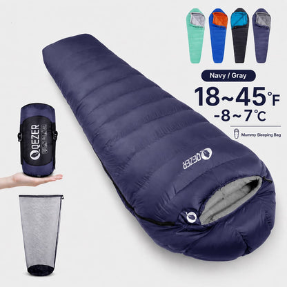 QEZER black mummy down sleeping bag rated 18–45°F with cyan lining