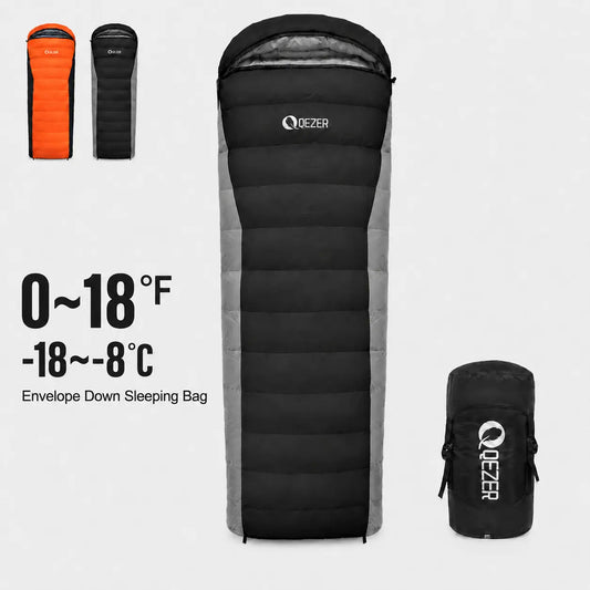 QEZER black rectangular down sleeping bag with 1500g filling and 0–18°F temperature range