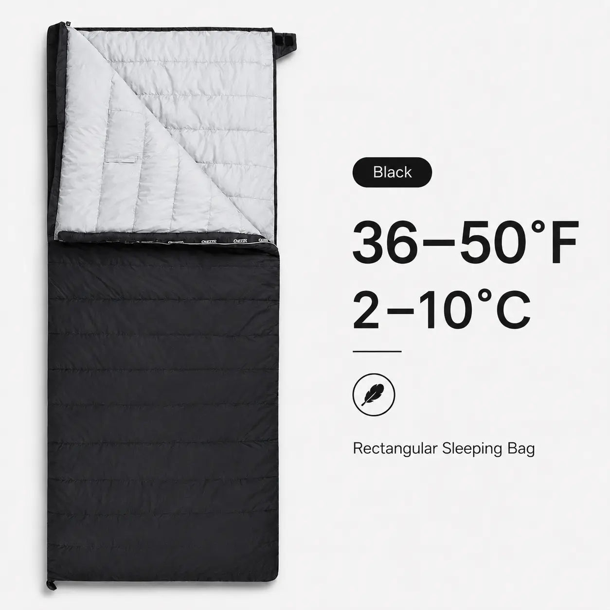 QEZER black rectangular down sleeping bag with 36–50°F temperature range