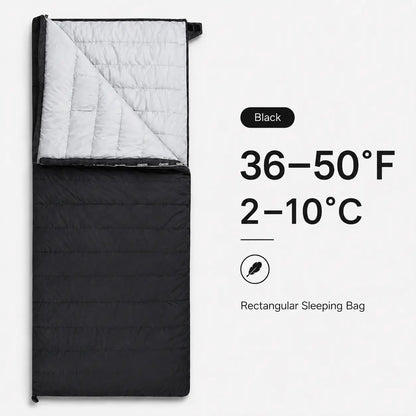 QEZER black rectangular down sleeping bag with 36–50°F temperature range