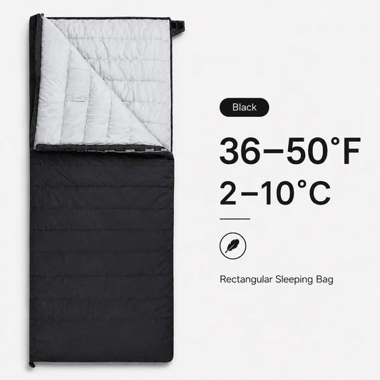 QEZER black rectangular down sleeping bag with 36–50°F temperature range