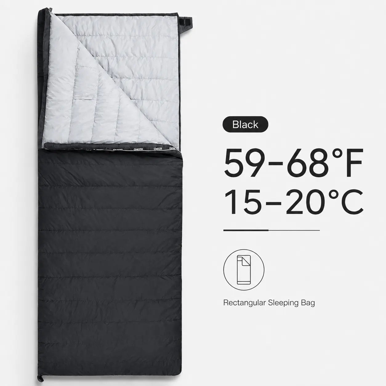 QEZER black rectangular down sleeping bag with 59–68°F temperature range