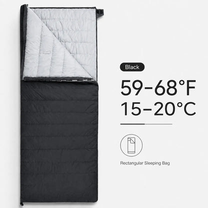 QEZER black rectangular down sleeping bag with 59–68°F temperature range